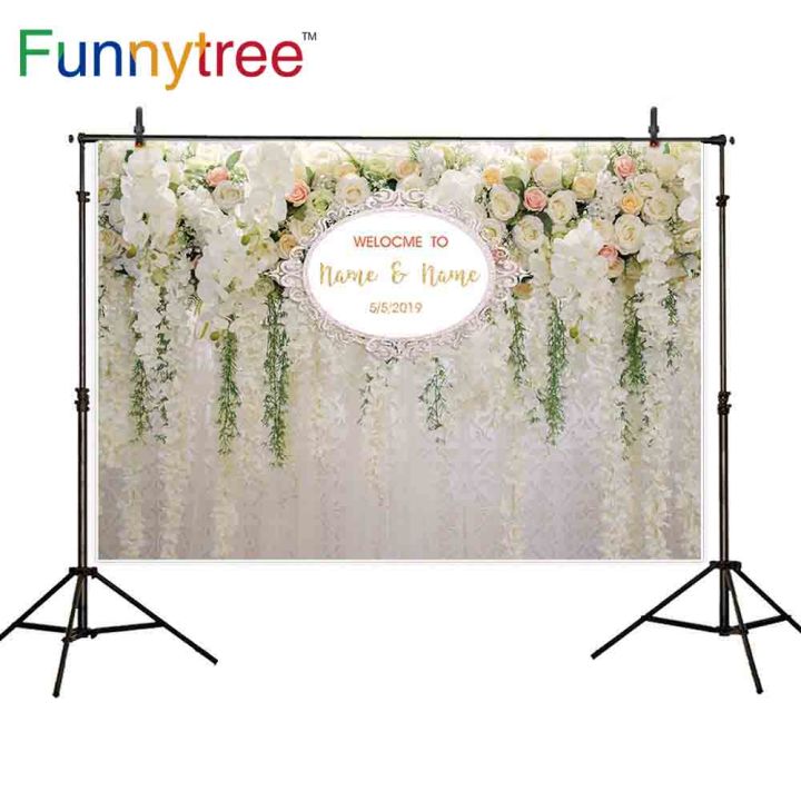 worth-buy-funnytree-โฟโต้โฟนฉากพื้นหลังดอกไม้สีชมพูสีขาวกรอบผนังชื่อวันสั่งทำถ่ายภาพพื้นหลังงานแต่งงาน
