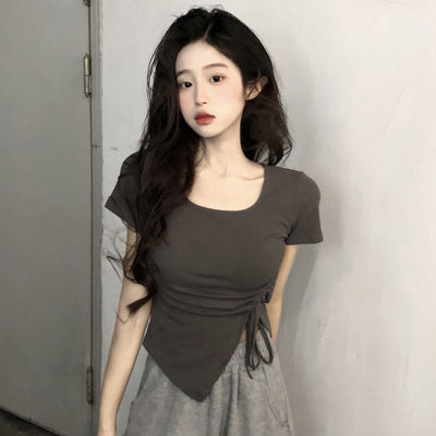 shenghao เสื้อยืดแขนสั้นมีเชือกรูดแบบไม่สม่ำเสมอสำหรับผู้หญิงเสื้อยืดคอปกสี่เหลี่ยมสีทึบสำหรับฤดูร้อน