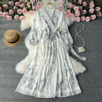 R New Court สไตล์ชาติพันธุ์พิมพ์ชุดเดรสแขนยาวระบายอากาศ Slim Dress Elegant Large Swing Dress