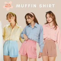 PICKMEUP - MUFFIN SHIRT (3สี) ?เสื้อเชิ้ตแขนยาวทรง oversize ไหล่ตกๆสไตล์สาวเกาหลี เนื้อผ้ายับๆ ดีเทลกระเป๋าใหญ่ปักโลโก้น่ารักมากก (TOP)