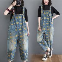 Spring Fashion Sunflower Printed Jeans Overalls Womens Denim Suspenders Cowboy Jumpsuits Long Pants Pocket Floral Rompers 2021