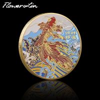 QSR STORE [FlowersLin] Luck Commemorative Coin Chinese Carp Painted Crafts Collectible