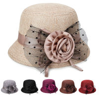 [hot]Womens Hat Elegant Polka Dot Mesh Flower Bowler Bucket Hat Vintage Female Outdoor Sun Visor Basin Cap Church Jazz Cap Bowler