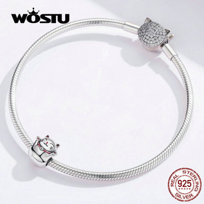 WOSTU Fortune Cat Beads 925 Sterling Silver Enamel Charm Fit Original DIY Bracelet Lucky Silver 925 Jewelry Making CQC1178
