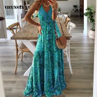 Bohemian Style Suspender Long Dress 2023 Summer Womens New High Waisted Sexy V-Neck Retro Printing Fashion Casual Floral Dress