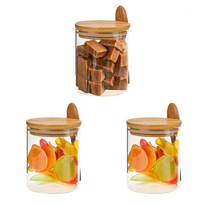 17OZ Glass Sugar Container with Wooden Lids and Scoop, Coffee Tea Jars Glass Jars