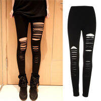 จำกัดความร้อนเซ็กซี่สีดำ Punk Ripped Torn Slashed ตัดลาย Leggings กางเกง Gothic Club