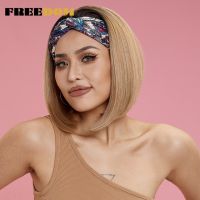 FREEDOM Synthetic Headband Wig Mixed Ombre Honey Blonde Straight Short Bob Wigs Daily Party Cosplay Wig Heat Resistant Fiber Wig  Hair Extensions Pads