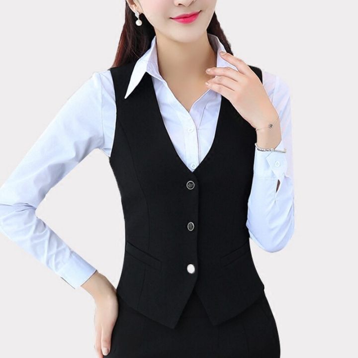 ผู้หญิงชุดทำงานเกาหลีหญิงเสื้อกั๊กสั้นสุภาพสตรีสำนักงานเครื่องมือเสื้อโค้ทแขนกุดกึ่งทางการสีดำnavy