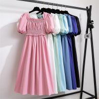◑◘ New solid color short sleeve square neck casual long dress