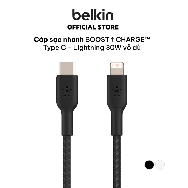 Cáp USB type C - Lightning BOOST↑CHARGE Belkin vỏ dù, chứng chỉ MFi, sạc  nhanh 30W, 1m/ 2m - Hàng Chính Hãng Bảo Hành 1 đổi 1 trong 2 Năm 