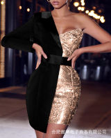 Spliced Sequin Angled Neck ชุดมินิเซ็กซี่ Chic แฟชั่นฤดูร้อน Form-Fitting Sequin Belt Trim Semi-Splicing Woman