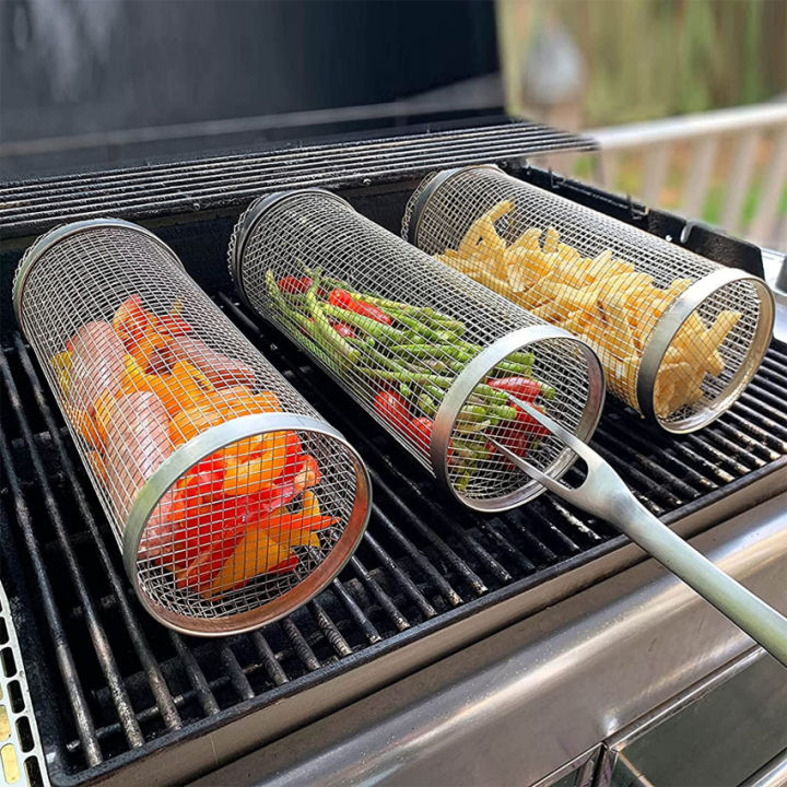 1PC BBQ Basket Wire Mesh Cylinder Grill Basket Stainless Steel Rolling ...