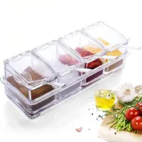 4 In 1 Seasoning Bottle Transparent 4 Grid Seasoning Box Salt Kitchen Spice Herb Storage Spoon Container Sugar Accessories With N5W4