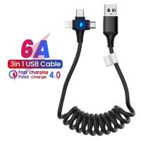 สปริง3In1 6A Samsung Huawei สายชาร์จสำหรับไมโคร8พินชนิด C แบบเร็วสำหรับสายข้อมูล USB ยืดหดได้