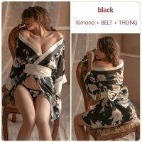 2023 Korean Lingerie Japanese Kimono Seductive Topless Print Womens Pajama Set Erotic Womens Underwear BOW BELT Thong Suit 693