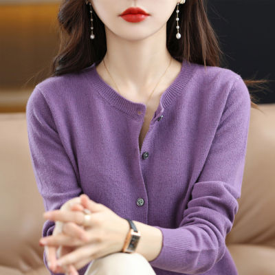 2023 New Knitted Cardigan Early Spring Crewneck Sweater Womens Long-sleeved Solid Color All-match Coat Womens Clothing 2023