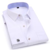 HOT11★Mens Dress Shirts French Cuff Blue White Long Sleeved Business Cal Shirt Slim Fit Solid Color French Cufflinks Shirts For