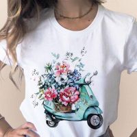 เสื้อยืดผ้าฝ้ายHappiness Flower Bicycle Women Tshirt Female Harajuku Short Sleeve T Shirts Girl Cartoon Cal Tops Tees