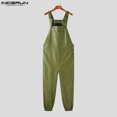 ‘；’ 2023 Men Jumpsuits Faux Leather Solid Sleeveless Streetwear Suspender Rompers Pockets Loose Fashion Casual Male Overalls INCERUN