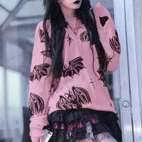 Y2K Gothic Bat Print Black Sweater Fairy Grunge Fashion Winter Aesthetic Pink Black Pullover Harajuku Long Sleeve Top