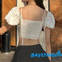 【COD】Bay- เสื้อครอปท็อป แขนสั้น คอพัฟ ผูกเชือก แบบสวมหัว ทรงไม่สมมาตร สําหรับผู้หญิง