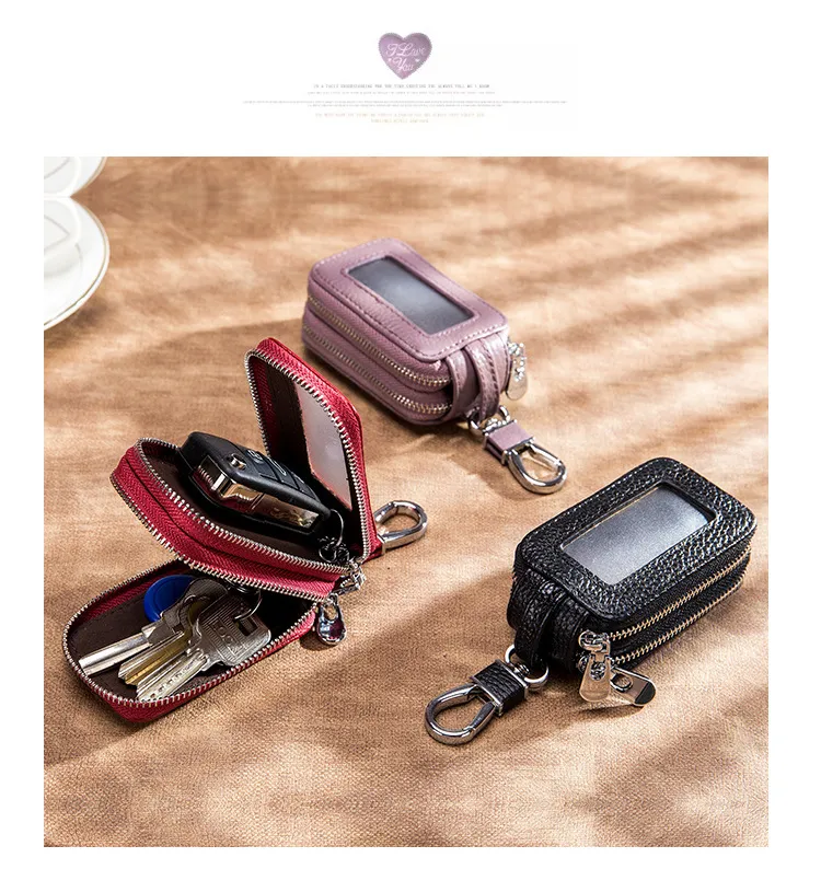 Genuine Leather Car Key Holders Housekeeper Double Zipper Key Case