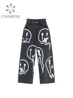 【YD】 2022 New Fashion Ins Street Hip-hop Printing Jeans Loose Denim Wide Leg Pants Woman Trousers