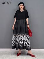 XITAO Dress Fashion Loose Short Sleeve Pleated Print Dress