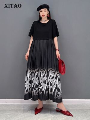 XITAO Dress  Loose Short Sleeve Pleated Print Dress