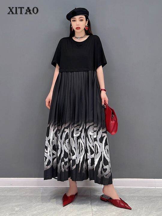 xitao-dress-loose-short-sleeve-pleated-print-dress