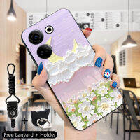 เคส PMP สำหรับ Tecno Camon 20 Camon 20 Pro Itel S23 (แหวนใส่นิ้ว + เชือกเส้นเล็ก) ลายภาพวาดการ์ตูนดอกไม้พระจันทร์เสี้ยวดีไซน์เมฆเคสมือถือกันกระแทกซิลิโคนนิ่มเคสโทรศัพท์ป้องกัน TPU