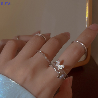 💖【Lowest price】SUTAI ชุดแหวนรูปผีเสื้อวงกลมเรียบ4ชิ้นสีเงินแหวนเปิดปรับได้แฟชั่นสำหรับผู้หญิงเครื่องประดับอินเทรนด์