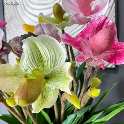 【cw】SunMade High-end Paphiopedilum Orchid Bouquet Fake Flowers Home Wedding Decore Flores Artificales Flower Arrangement Supplies