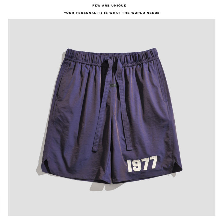 แบรนด์แฟชั่นสไตล์อเมริกันรุ่นเฮฟวี่เวท-1977-กางเกงขาสั้นลำลองปักลายสำหรับผู้ชายกางเกงห้าส่วนทรงหลวมสำหรับฤดูร้อน