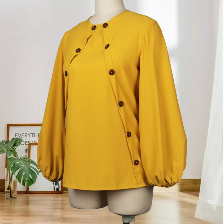 2-piece-set-women-skirt-and-top-yellow-blouses-long-lantern-sleeve-button-decoration-office-lady-work-wear-autumn-newest-female