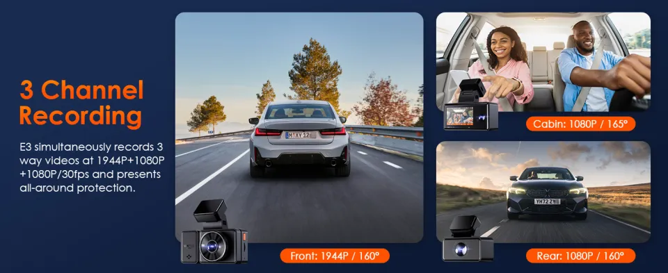 Vantrue E3 2.5K 3 Channel Front and Rear Inside Dash Cam, 3 Way WiFi G