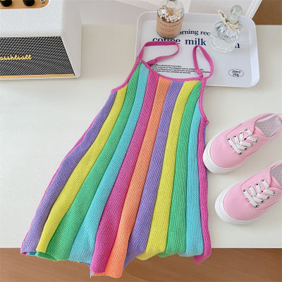 Girl Slip Dress Striped Spaghetti Strap Rainbow Dress Sleeveless Kids Summer Clothes Baby Girl Clothes