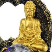 Golden Lotus Buddha Desktop Water Fountain Lucky Feng Shui Glowing Ball Buddhist Statue Office Creative Personality Ornaments