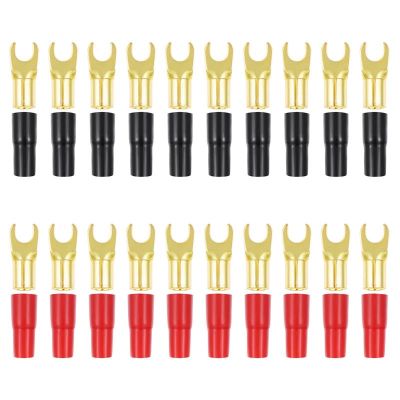 【YF】 10Pairs Copper Gold Plated 8GA Spade Terminal Fork Adapter Connector Plugs Crimp Barrier Speaker Cable Plug