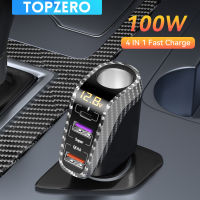 TOPZERO 4 In 1 100W ที่ชาร์จแบตในรถ12V 24V QC4.0ที่ชาร์จความเร็วสูง PD ชาร์จเร็วด้วยที่ชาร์จแบตในรถเครื่องชาร์จตัวสปริทเตอร์ในรถเต้าเสียบบุหรี่รถสำหรับโทรศัพท์แล็ปท็อป USB อแดปเตอร์ชาร์จแบตเตอรี่ความเร็วสูง Type C สำหรับ Huawei iPhone Samsung