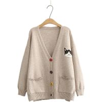 Women Cardigans Cartoon Cat Embroidery Casual Knitted Sweater 2021 Winter Long Sleeve V-neck Multicolor Button Preppy Style Top