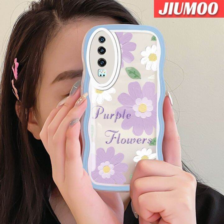 เคส-jiumoo-สำหรับ-huawei-p30-p30-pro-p30-lite-เคสการ์ตูนแฟชั่นดอกไม้สีม่วงสร้างสรรค์ลายคลื่นขอบซิลิโคนกล่องกันกระแทกป้องกันเลนส์กล้องเคสนิ่มโปร่งใส