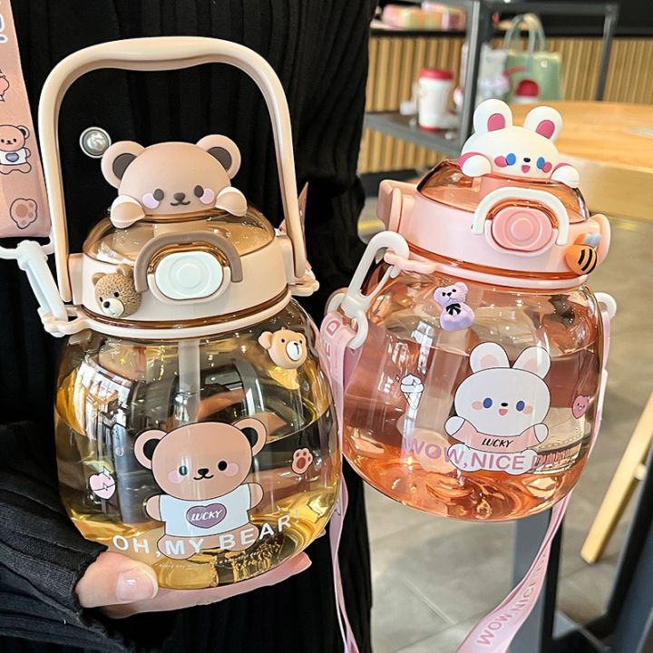 Cute Plastic Large Capacity Cup Kawaii Bear Kettle Travel Sport Tumbler  Portable Drinking Mug For Child Girl 1/1.4L Water Bottle