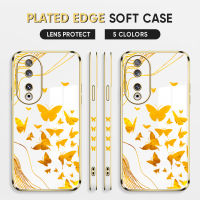 Cetus For Honor 90 5G,90 Lite 5G ฟรีสายคล้อง + เคสลายขอบสี่เหลี่ยมผีเสื้อสีทองเด็กผู้หญิงน่ารักเคสโทรศัพท์ชุบเคสโทรศัพท์นิ่ม