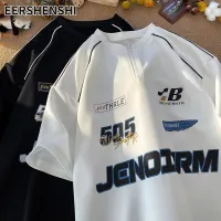 EERSHENSHI เสื้อคอปกมีซิปสไตล์หล่อสำหรับผู้ชายเสื้อสไตล์แขนสั้นมอเตอร์ไซด์แขนห้าส่วน