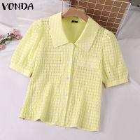 (จัดส่งฟรี)Fancystyle VONDA เสื้อเชิ้ตแขนพองมีปกแบบลำลองของผู้หญิงเสื้อลำลองสำหรับผ้าตาหมากรุกเดินทางติดกระดุมเสื้อเบลาส์ #2