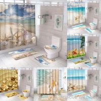 Bernicl Starfish Shower Curtain Set Beach Seashell Coastal Conch Sea Wave Rock Ocean Blue Sky Bath Rug Bathroom Mat Toilet Cover