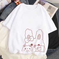 เสื้อยืดสีขาวสไตล์ฮาราจูกุลำลองสำหรับผู้หญิงเสื้อเชิ้ต Anime กระต่ายน่ารักเสื้อยืดสตรีฤดูร้อน