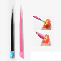 1pc 2 heads Straight Nail Tweezers with Silicone Pressing Head for 3D Sticker Rhinestones Water Sticker Picker Metal Nails Tools